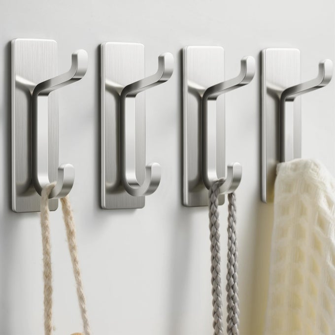 WALL HOOKS FOR COAT AND TOWEL 13LB STRONG ADHESIVE DOOR HANGER STICK ON BRUSHED NICKEL