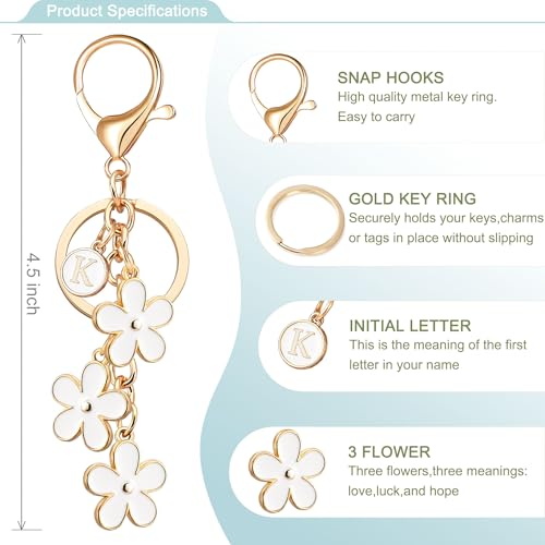 OUMILAN Initial Letter Keychain Cute Flower Charms Keyring for Handbag Backpack–Personalized A-Z Alphabet Jewelry Gift for Women Girl (K, White) - Image 2