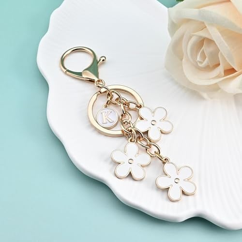 OUMILAN Initial Letter Keychain Cute Flower Charms Keyring for Handbag Backpack–Personalized A-Z Alphabet Jewelry Gift for Women Girl (K, White) - Image 3