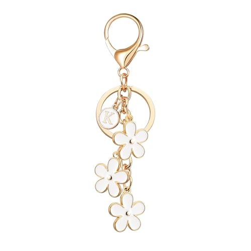 OUMILAN Initial Letter Keychain Cute Flower Charms Keyring for Handbag Backpack–Personalized A-Z Alphabet Jewelry Gift for Women Girl (K, White) - Image 1