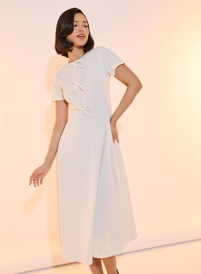 Take Two Bow Accent Round Neck A-Line Midi Dress - Image 2