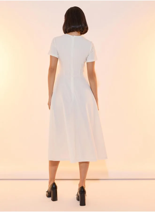 Take Two Bow Accent Round Neck A-Line Midi Dress
