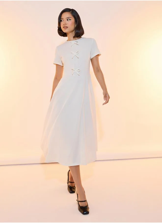 Take Two Bow Accent Round Neck A-Line Midi Dress