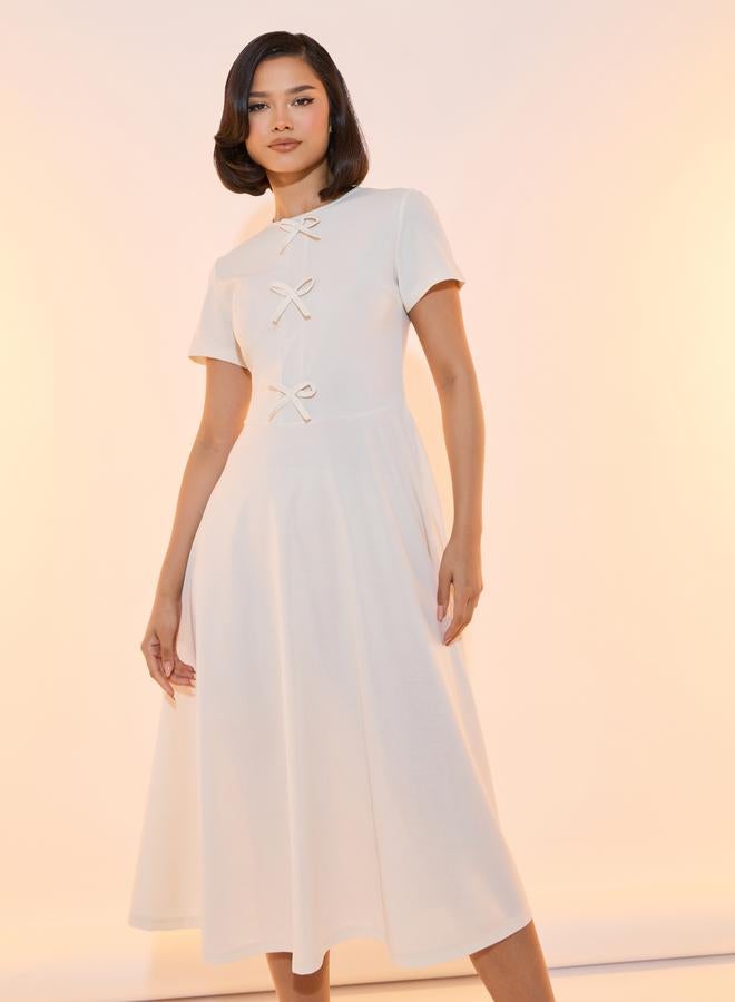 Take Two Bow Accent Round Neck A-Line Midi Dress - Image 5