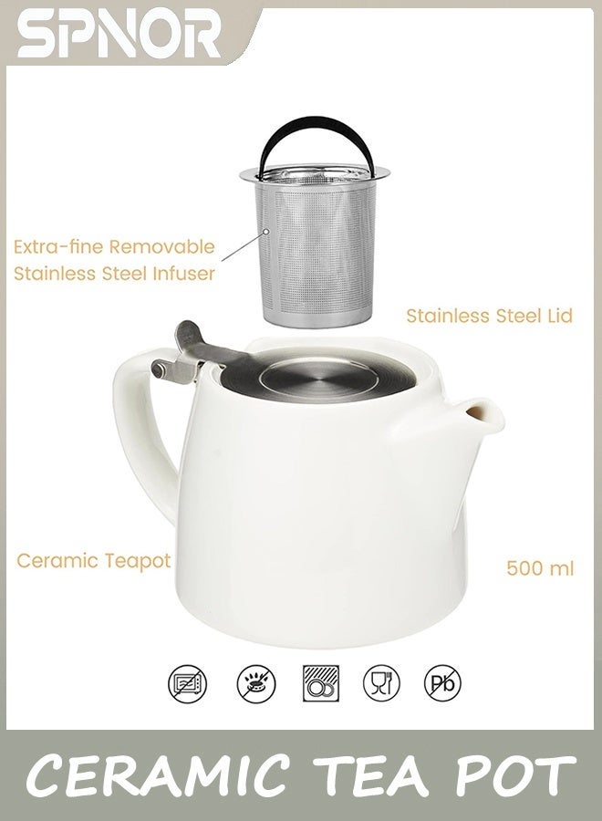 Spnor Tea Pot, Ceramic Loose Leaf Teapot 500ml, Water Pot Infuser Strainer and Lid, Small Porcelain Tea Pot, Coffee Pot 18.6 Oz – White - Image 3