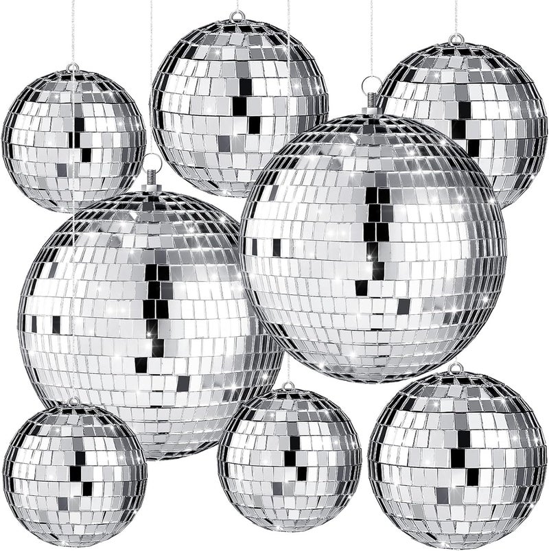 The Decor Affair The Decor Affair 8 Pcs Large Silver Reflective Mirror Disco Ball Set with Hanging Rings for Dazzling Party Decoration Perfect for Lighting Up Stage Performances 