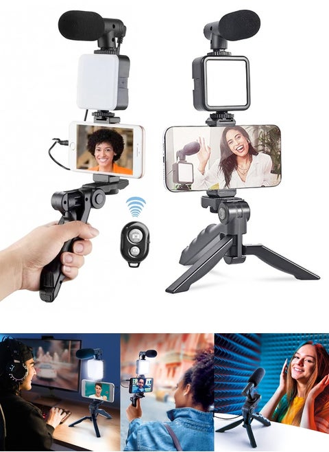 Vlogging Tripod, Video Making Kit Used For Making Videos, For Podcasting, For Conference Video, For Live Broadcast, Set Includes Tripod, Phone Clip, LED Lights, Microphone, Handheld Stabilizer