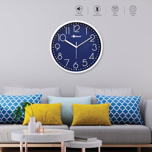 Bosco Decorative Non Ticking Silent, Blue dial with White Frame 30 CM, Modern Design Round Wall Clock for Home, Living Room, Bedroom, Office and Kitchen | BWC-1805 - Image 1