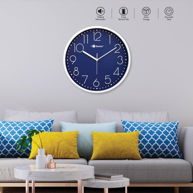 Bosco Decorative Non Ticking Silent, Blue dial with White Frame 30 CM, Modern Design Round Wall Clock for Home, Living Room, Bedroom, Office and Kitchen | BWC-1805 - Image 5