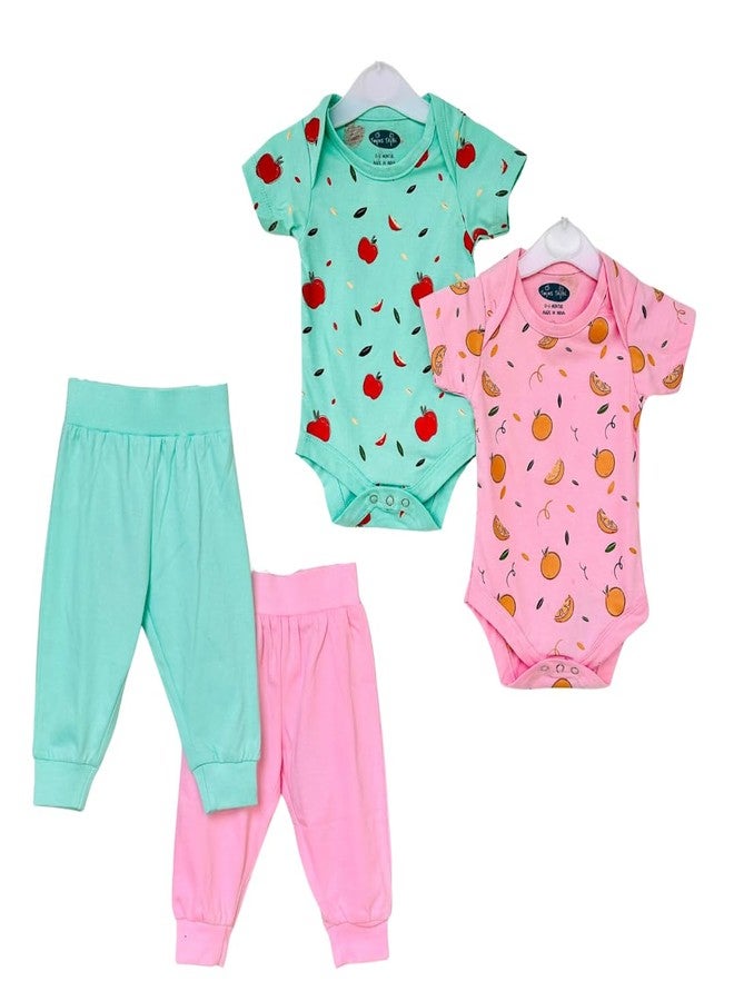 TwinsTribe Cotton Apples & Oranges Printed Twins Onesie Set for Babies (Set of 2 Onesie + 2 Joggers, 0-3 Months) - Image 1