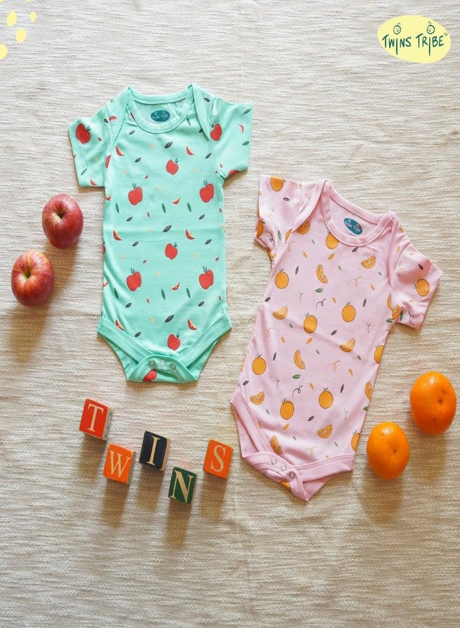 TwinsTribe Cotton Apples & Oranges Printed Twins Onesie Set for Babies (Set of 2 Onesie + 2 Joggers, 0-3 Months) - Image 2