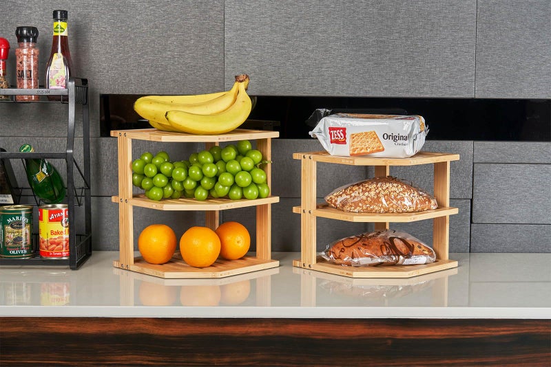 Umilife Plate Organizer for Cabinet, Bamboo Corner Shelf, Dish & Bread Organizer, Spice Rack, Kitchen Bathroom Countertop Storage Organization Space Saver - Image 5
