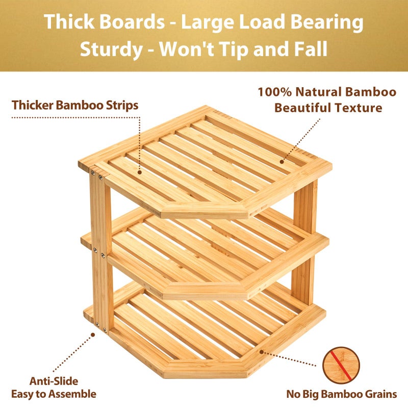Umilife Plate Organizer for Cabinet, Bamboo Corner Shelf, Dish & Bread Organizer, Spice Rack, Kitchen Bathroom Countertop Storage Organization Space Saver - Image 2