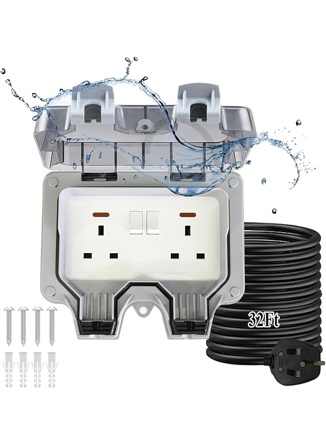 promass Outdoor Socket with 32Ft Extension Cord and Switch,IP66 Waterproof Double Electrical Plug Outlet Box,Power Sockets Exterior for Garden Garage Outside Electric Appliance - Image 1