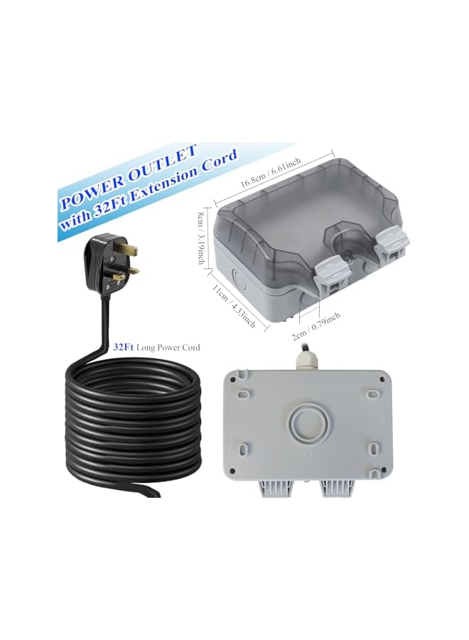 promass Outdoor Socket with 32Ft Extension Cord and Switch,IP66 Waterproof Double Electrical Plug Outlet Box,Power Sockets Exterior for Garden Garage Outside Electric Appliance - Image 2