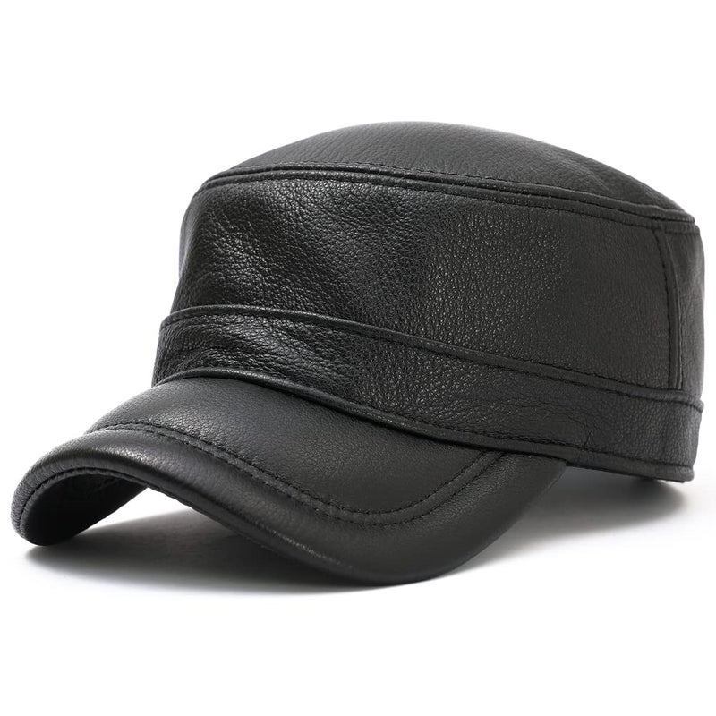 MALINRSSE Men Lambskin Leather Cadet Army Caps Military Caps Flat Top Cap (A-Black) - Image 1