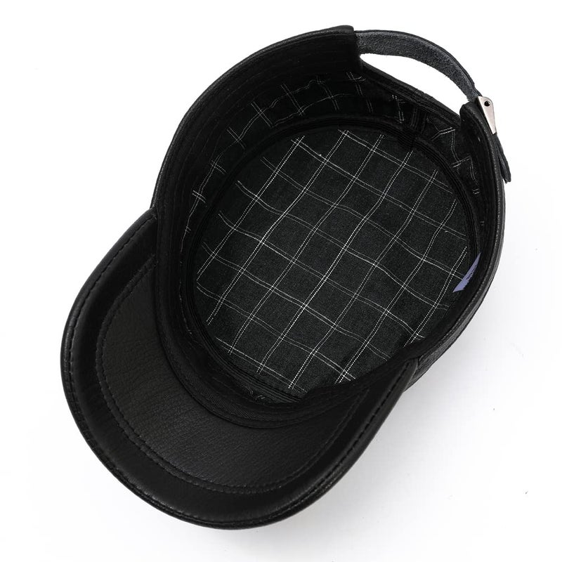 MALINRSSE Men Lambskin Leather Cadet Army Caps Military Caps Flat Top Cap (A-Black) - Image 5