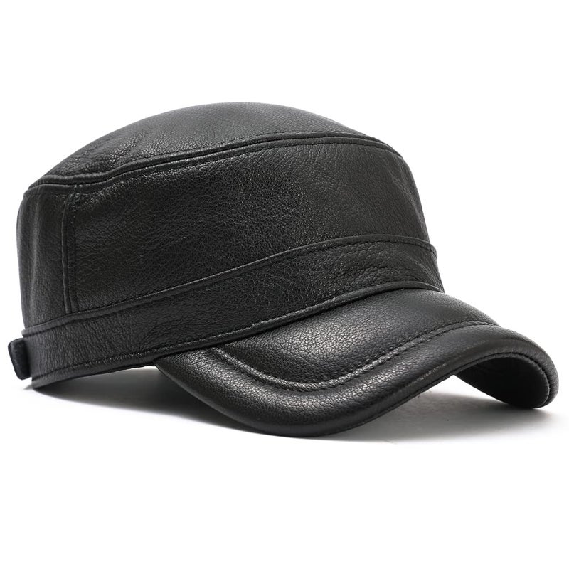 MALINRSSE Men Lambskin Leather Cadet Army Caps Military Caps Flat Top Cap (A-Black) - Image 3