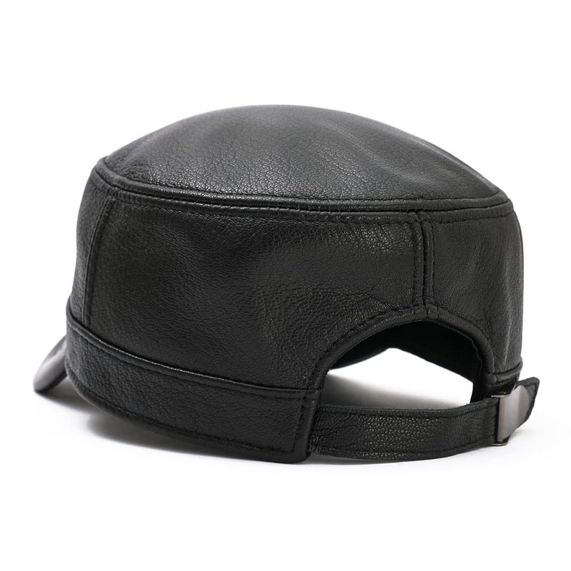 MALINRSSE Men Lambskin Leather Cadet Army Caps Military Caps Flat Top Cap (A-Black) - Image 4