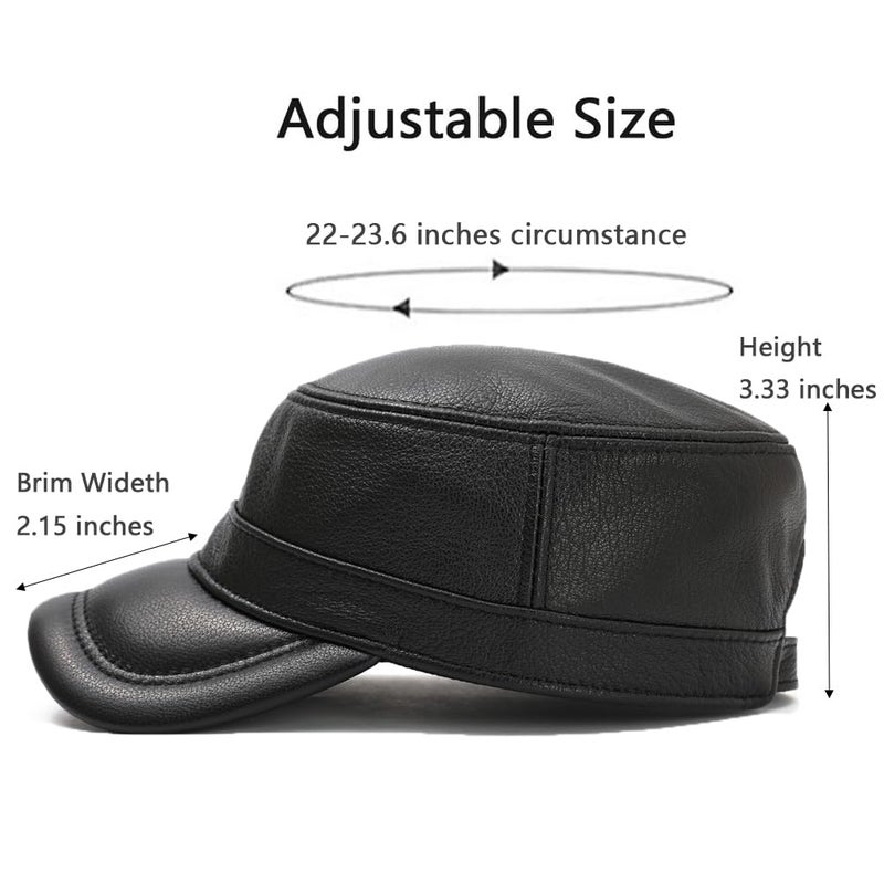 MALINRSSE Men Lambskin Leather Cadet Army Caps Military Caps Flat Top Cap (A-Black) - Image 2