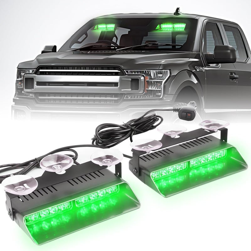 PKINGLAKE 2 in 1 LED Emergency Dash Strobe Light Bar Front/Rear Windshield Safety Flashing Warning Hazard Interior Lights for Police Firefighter Construction Vehicles Trucks (2x7.5 inch, Green) - Image 1