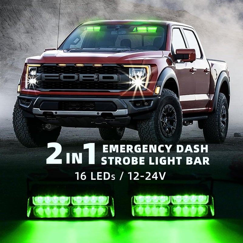PKINGLAKE 2 in 1 LED Emergency Dash Strobe Light Bar Front/Rear Windshield Safety Flashing Warning Hazard Interior Lights for Police Firefighter Construction Vehicles Trucks (2x7.5 inch, Green) - Image 2