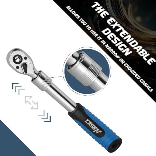 DISEN 3PCS Extendable Ratchet Wrench Set,1/4" 3/8" 1/2" Drive 72-Tooth, Quick-Release, Reversible Drive Socket Wrenches,Soft Grip Handle with Storage Tray - Image 4