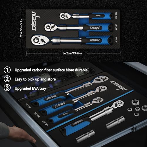 DISEN 3PCS Extendable Ratchet Wrench Set,1/4" 3/8" 1/2" Drive 72-Tooth, Quick-Release, Reversible Drive Socket Wrenches,Soft Grip Handle with Storage Tray - Image 5