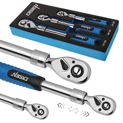 DISEN 3PCS Extendable Ratchet Wrench Set,1/4" 3/8" 1/2" Drive 72-Tooth, Quick-Release, Reversible Drive Socket Wrenches,Soft Grip Handle with Storage Tray - Image 1
