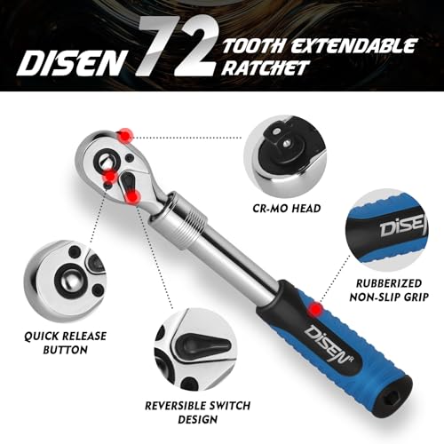DISEN 3PCS Extendable Ratchet Wrench Set,1/4" 3/8" 1/2" Drive 72-Tooth, Quick-Release, Reversible Drive Socket Wrenches,Soft Grip Handle with Storage Tray - Image 2
