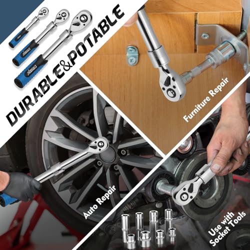 DISEN 3PCS Extendable Ratchet Wrench Set,1/4" 3/8" 1/2" Drive 72-Tooth, Quick-Release, Reversible Drive Socket Wrenches,Soft Grip Handle with Storage Tray - Image 3