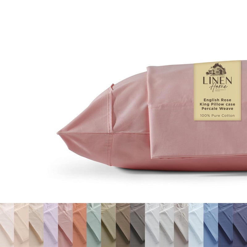 Linen Home 100% Cotton Percale Pillowcases King Size  English Rose  2 Pieces of Pillow Case  Crisp and Cool Strong Bed Linen  20 inches X 40 inches  - Image 1
