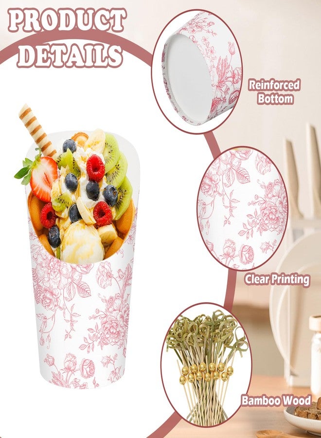 وولاين مجموعة أكواب تقديم الطعام من والين، ٥٠ قطعة، مزينة بنقوش زهور وردية، مع ١٠٠ كيس من أعواد التقديم، سعة ١٤ أونصة، أكواب تقديم مقبلات صينية مزينة بنقوش زهور، حامل بطاطس مقلية، مثالية لحفلات الزفاف وحفلات استقبال المولود الجديد. - Image 3