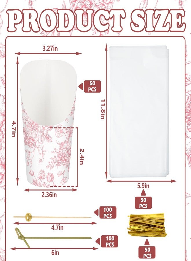 وولاين مجموعة أكواب تقديم الطعام من والين، ٥٠ قطعة، مزينة بنقوش زهور وردية، مع ١٠٠ كيس من أعواد التقديم، سعة ١٤ أونصة، أكواب تقديم مقبلات صينية مزينة بنقوش زهور، حامل بطاطس مقلية، مثالية لحفلات الزفاف وحفلات استقبال المولود الجديد. - Image 2
