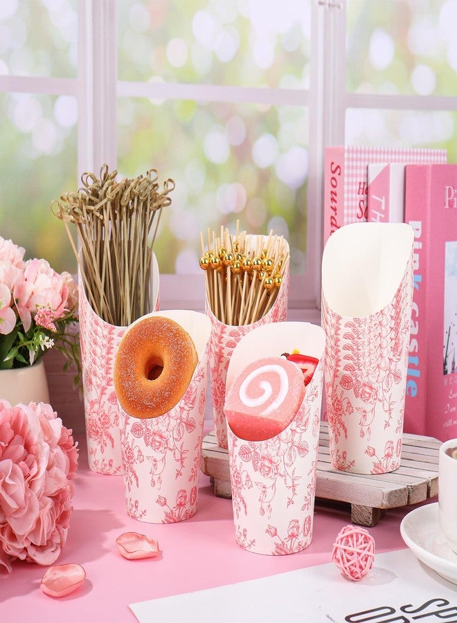 وولاين مجموعة أكواب تقديم الطعام من والين، ٥٠ قطعة، مزينة بنقوش زهور وردية، مع ١٠٠ كيس من أعواد التقديم، سعة ١٤ أونصة، أكواب تقديم مقبلات صينية مزينة بنقوش زهور، حامل بطاطس مقلية، مثالية لحفلات الزفاف وحفلات استقبال المولود الجديد. - Image 4