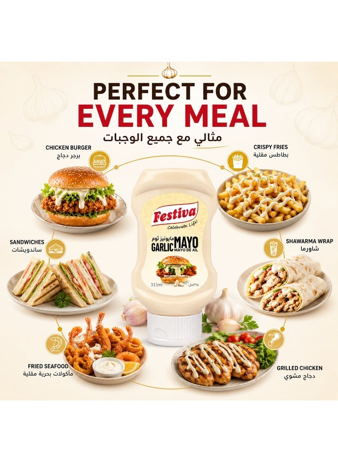 Festiva Garlic Mayonnaise 315ml Squeezy Bottle - Creamy Mayo Sandwich Spread for Burgers, Sandwiches, Wraps and Snacks - Dip and Dressing - Image 3