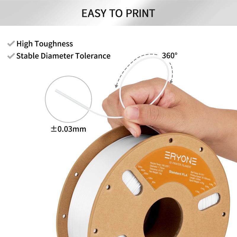 ERYONE PLA Filament 3D Printer PLA Filament 1.75mm +/- 0.03mm, PLA Filament 1KG Cardboard Spool(2.2LBS), White - Image 5