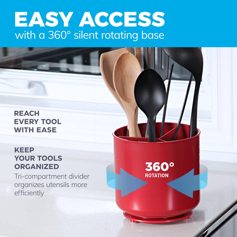Cooler Kitchen Extra Large Rotating Red Utensil Holder with Sturdy No-Tip Weighted Base  Removable Divider  and Gripped Insert | Rust Proof and Dishwasher Safe Kitchen Utensils Holder by Cooler Kitchen 7*7 Inches - Image 2