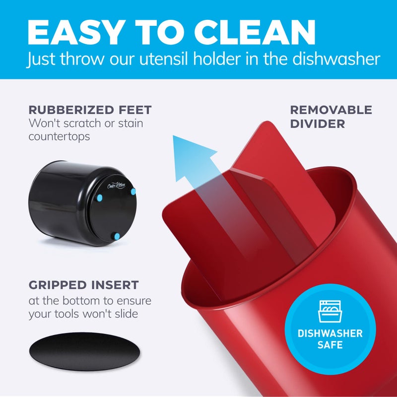 Cooler Kitchen Extra Large Rotating Red Utensil Holder with Sturdy No-Tip Weighted Base  Removable Divider  and Gripped Insert | Rust Proof and Dishwasher Safe Kitchen Utensils Holder by Cooler Kitchen 7*7 Inches - Image 4