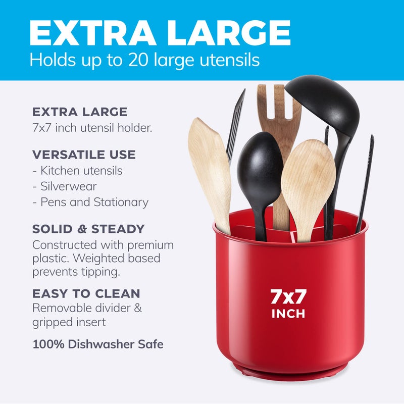 Cooler Kitchen Extra Large Rotating Red Utensil Holder with Sturdy No-Tip Weighted Base  Removable Divider  and Gripped Insert | Rust Proof and Dishwasher Safe Kitchen Utensils Holder by Cooler Kitchen 7*7 Inches - Image 3