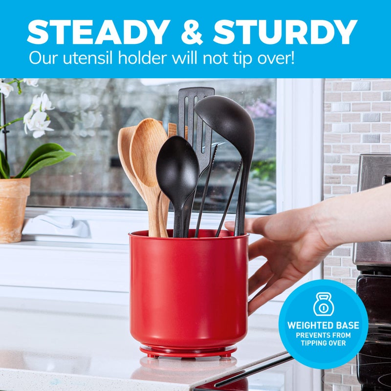 Cooler Kitchen Extra Large Rotating Red Utensil Holder with Sturdy No-Tip Weighted Base  Removable Divider  and Gripped Insert | Rust Proof and Dishwasher Safe Kitchen Utensils Holder by Cooler Kitchen 7*7 Inches - Image 5