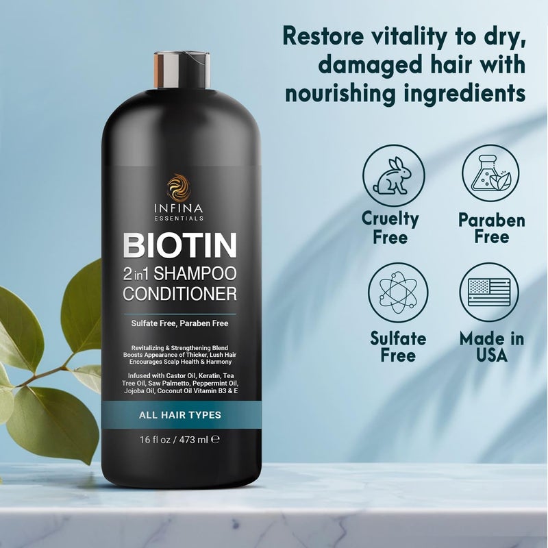 INFINA ESSENTIALS Biotin 2-in-1 Shampoo and Conditioner for Men & Women â€“ Hair Thickening & Strengthening Shampoo with Saw Palmetto, Keratin, Caffeine & Vitamin E â€“ Convenient Daily Use â€“ 16 fl oz - Image 5