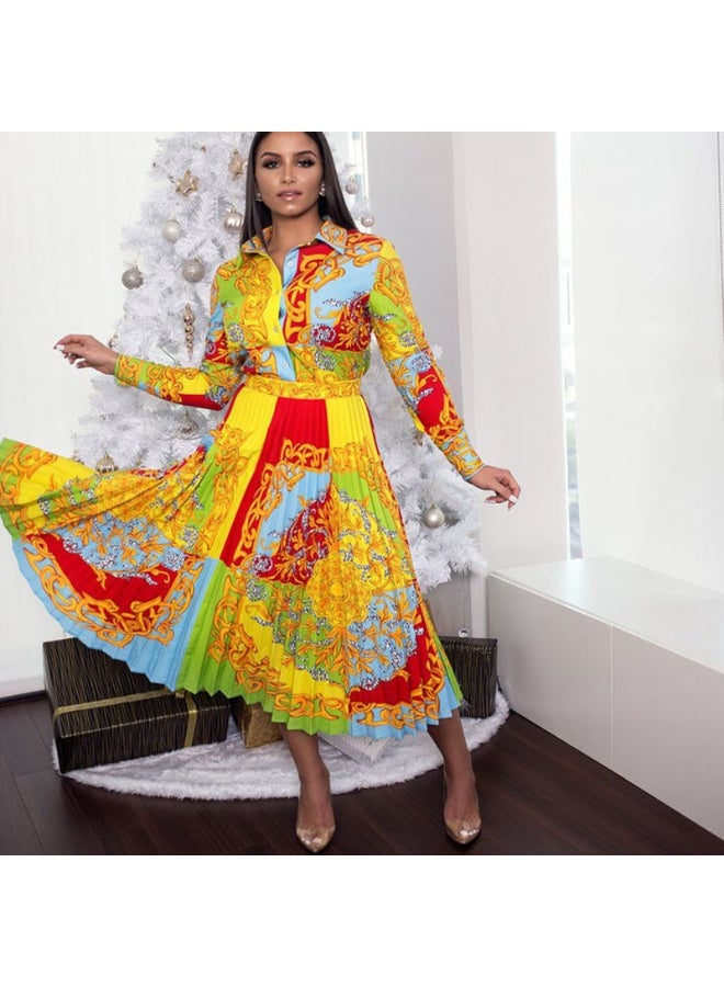 NIBEMINENT فستان نسائي بطول الأكمام الطويلة وخصر عالي وحجم زائد مع طباعة، تنورة كبيرة متأرجحة عادية - Image 1