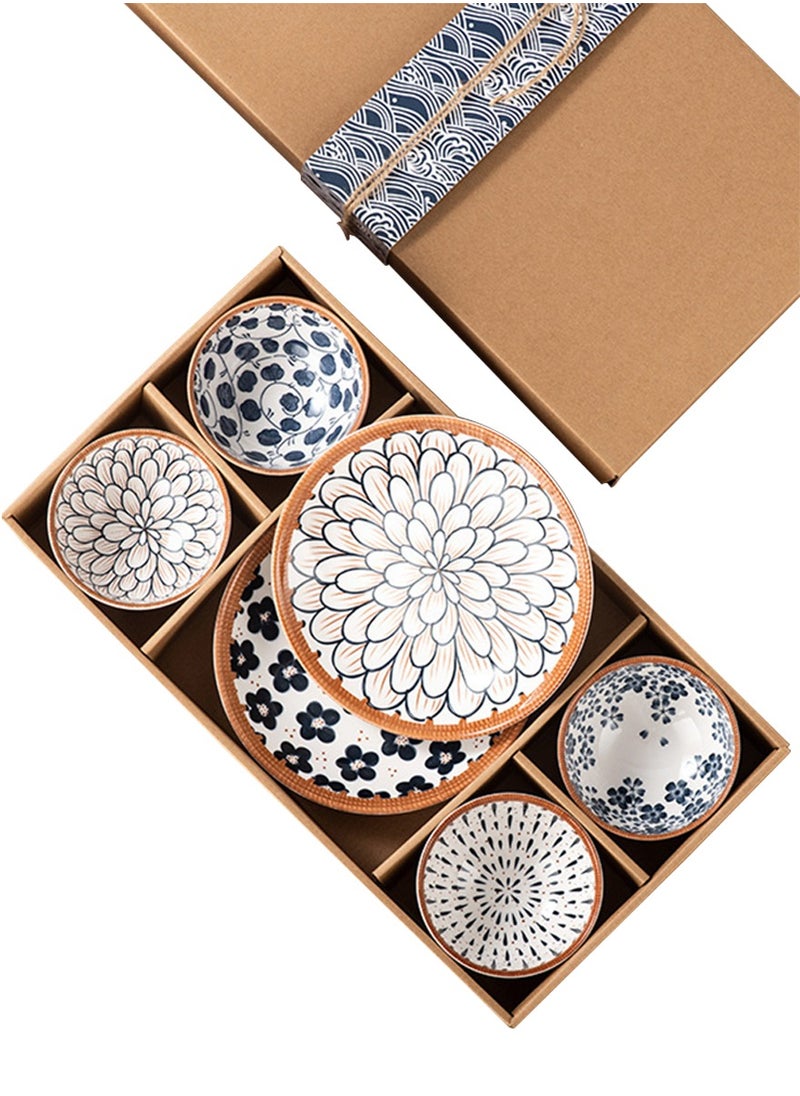 DPTER 6 Pieces Ceramic Dinner Set - Elegant Floral Rattan Trim Style - 2 Plates 4 Bowls Dinnerware Collection  - Image 1