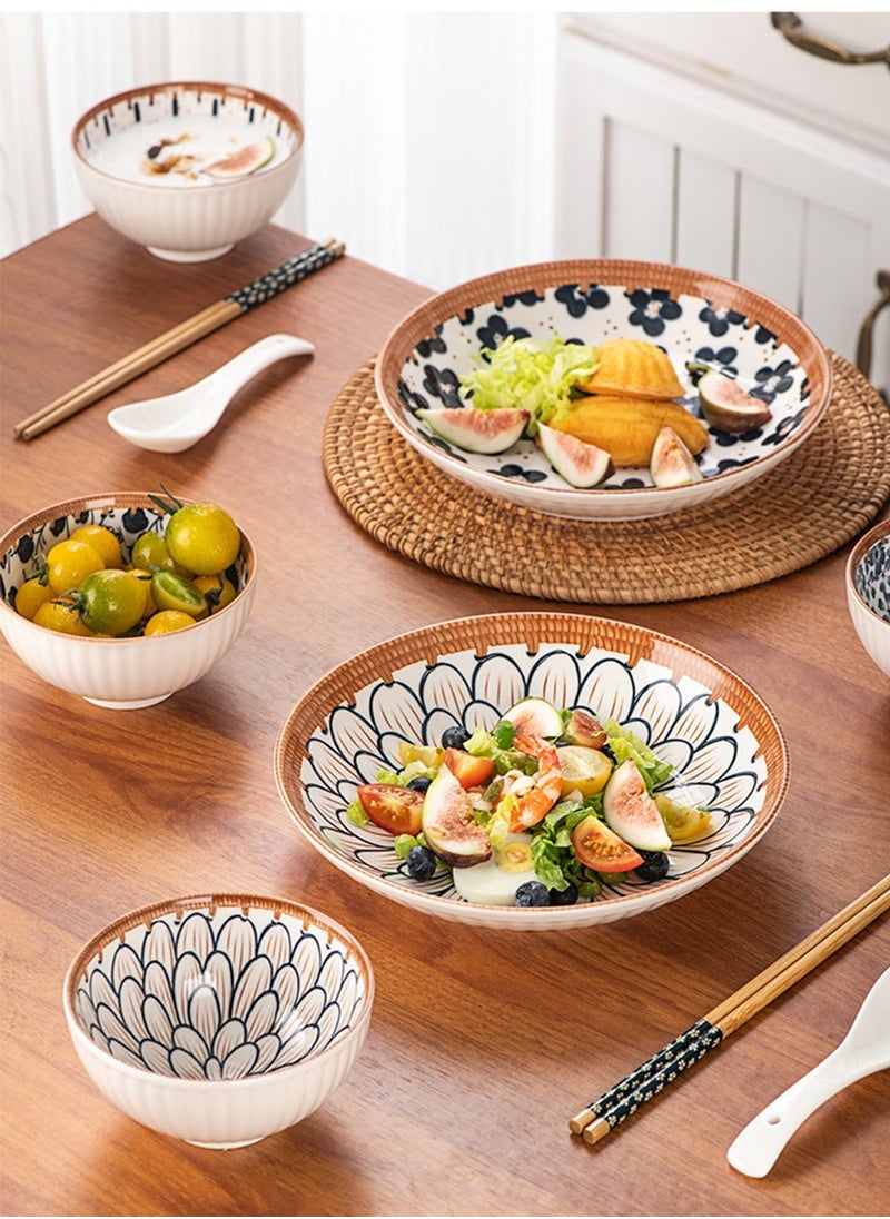 DPTER 6 Pieces Ceramic Dinner Set - Elegant Floral Rattan Trim Style - 2 Plates 4 Bowls Dinnerware Collection  - Image 4