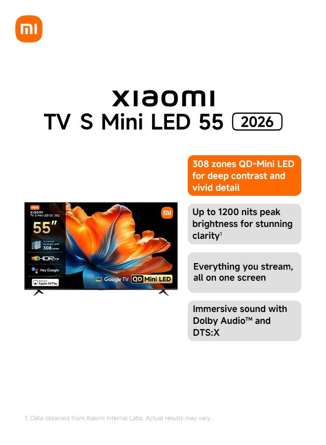 Xiaomi TV S Mini LED 55" 2026, QLED Mini LED 4K UHD, Smart TV with Google TV, HDR10+, Triple Tuner, DVB T2, 60Hz with 120Hz Game Boost Mode, MEMC, Dolby Audio, Airplay 2 L55MC-SME Black - Image 2