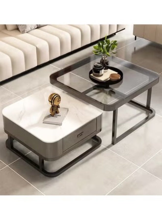 سي آند سي هوم مجموعة من طاولتين قهوة رخامية وزجاجية بإطار معدني طاولات قهوة مربعة مع مساحة تخزين، تصميم حديث سهل التجميع لمكتب غرفة المعيشة، 70 × 70 × 45 و60 × 60 × 38 سم (مجمعة بالكامل) - Image 3