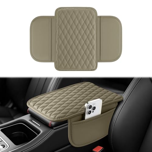 Amiss Car Center Console Cover Upgraded Leather Car Armrest Cushion with 2 Storage Pockets Universal Waterproof Cushion Pad NonSlip Car Interior Accessories Fits Most Sedans SUVs Trucks Beige - Image 1