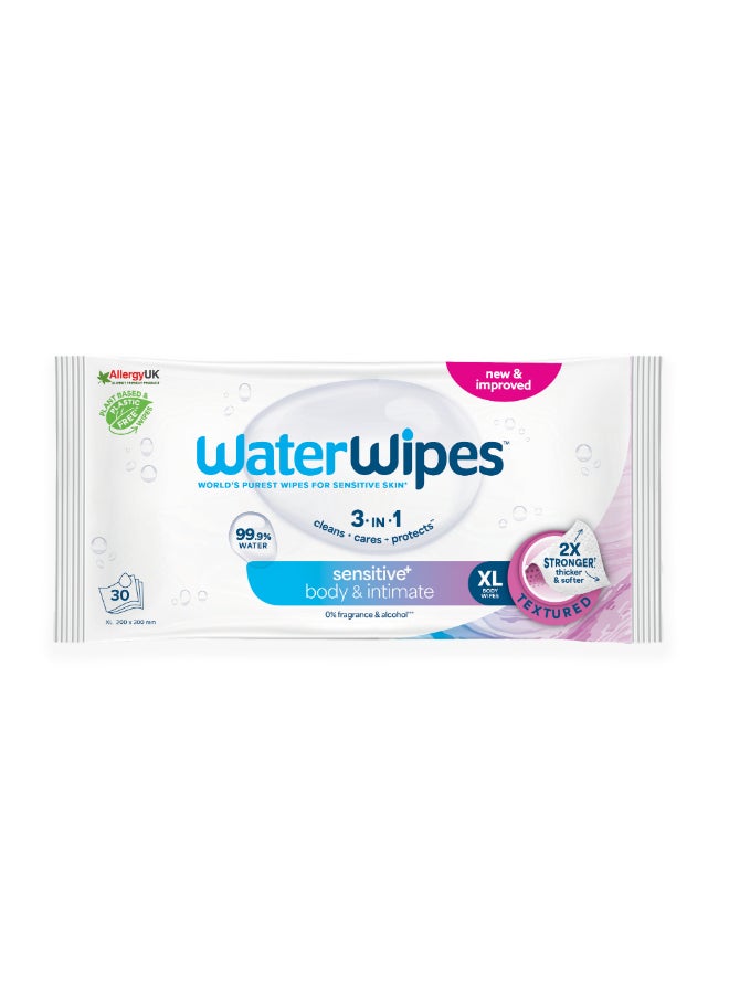 ووتر وايبس WaterWipes Sensitive+ Body & Intimate Wipes, 30 Count (1 Pack), 3-In-1 Cleans, Cares, Protects, 99.9% Water, Unscented & Hygiene Wet Wipes, Adult Care - Image 1