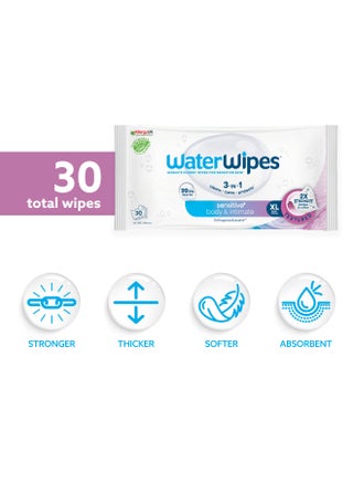 WaterWipes Sensitive+ Body & Intimate Wipes, 30 Count (1 Pack), 3-In-1 Cleans, Cares, Protects, 99.9% Water, Unscented & Hygiene Wet Wipes, Adult Care - view 2